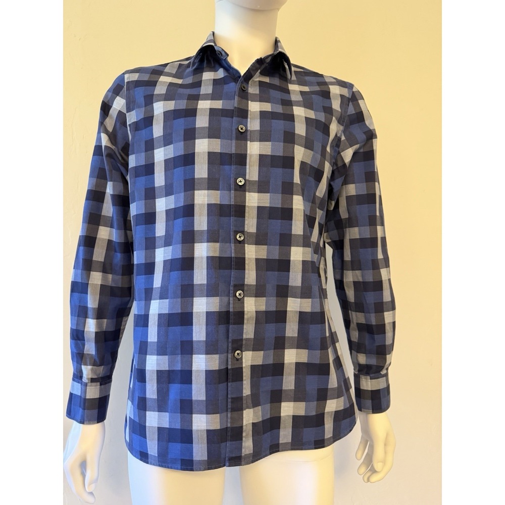 Bugatchi Blue Gray Plaid Cotton Shaped Fit Button-Up Men Shirt sizeM Long Sleeve